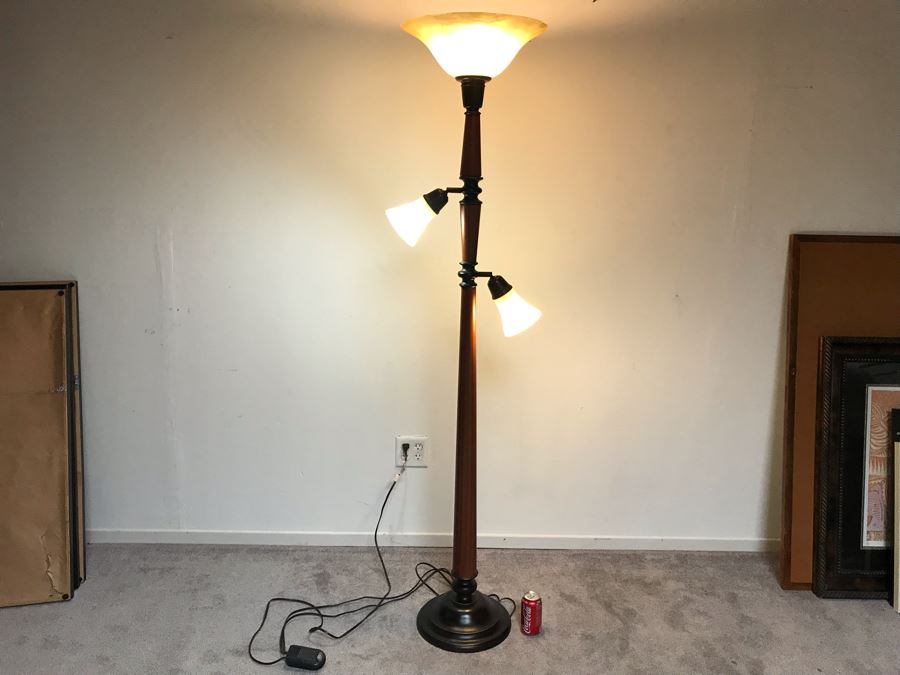 Metal 3-Light Floor Lamp With Glass Shades - Top Light Has Dimmer Switch