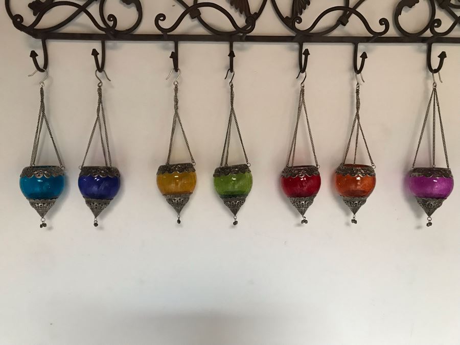 Seven Hanging Colored Glass Candle Votives With Metal Embellishments [Photo 5]