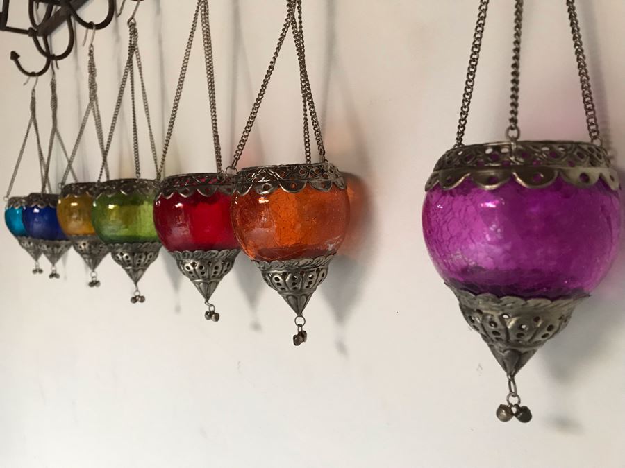 Seven Hanging Colored Glass Candle Votives With Metal Embellishments [Photo 15]