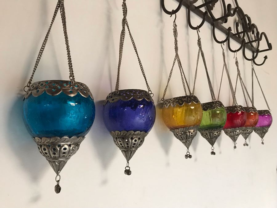 Seven Hanging Colored Glass Candle Votives With Metal Embellishments [Photo 1]