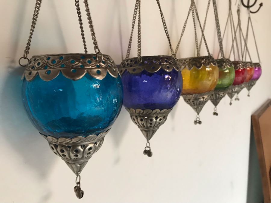 Seven Hanging Colored Glass Candle Votives With Metal Embellishments [Photo 11]