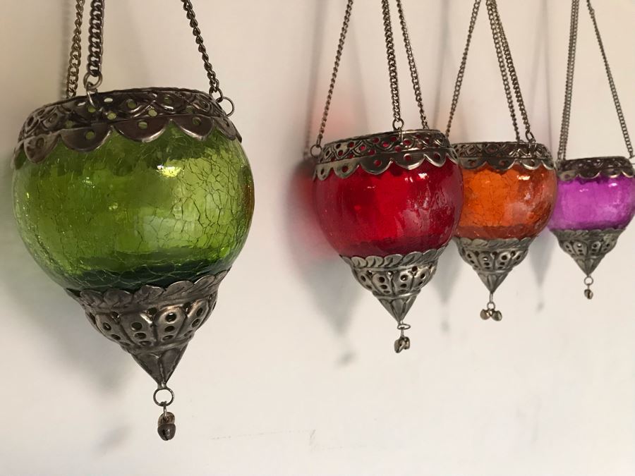 Seven Hanging Colored Glass Candle Votives With Metal Embellishments [Photo 14]