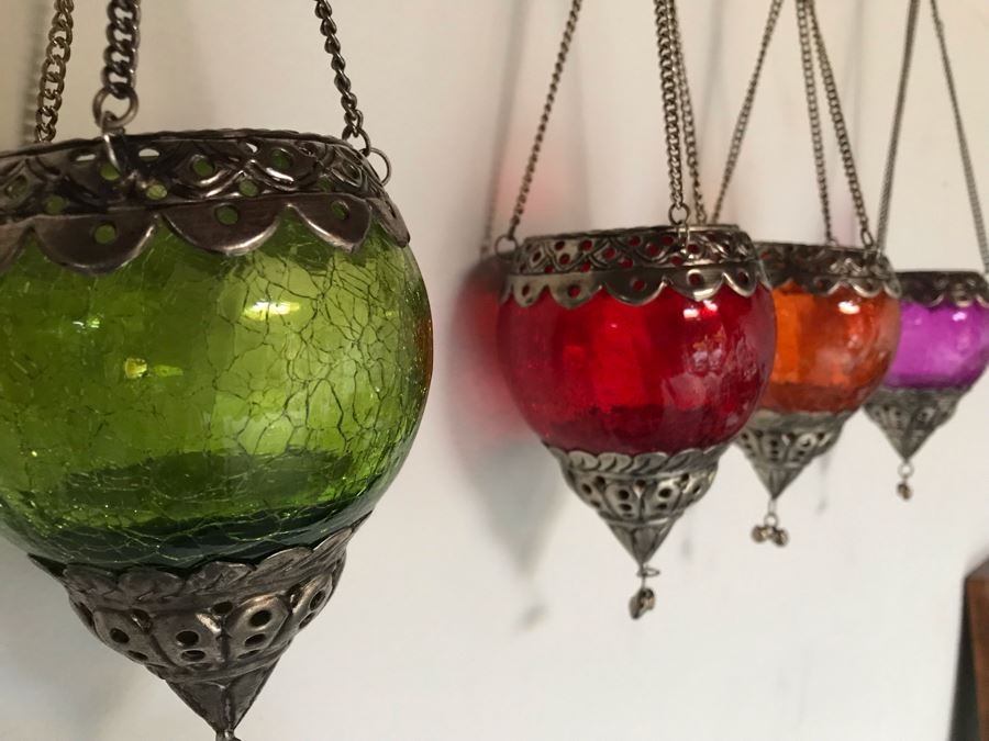 Seven Hanging Colored Glass Candle Votives With Metal Embellishments [Photo 4]