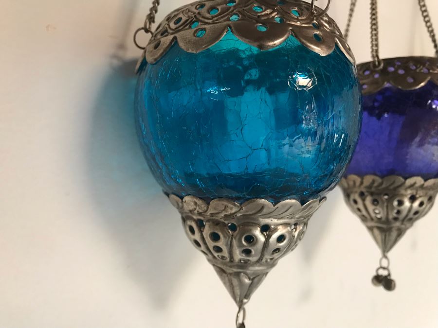 Seven Hanging Colored Glass Candle Votives With Metal Embellishments [Photo 13]