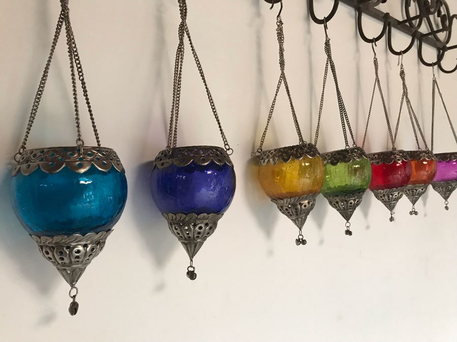 Seven Hanging Colored Glass Candle Votives With Metal Embellishments [Photo 3]