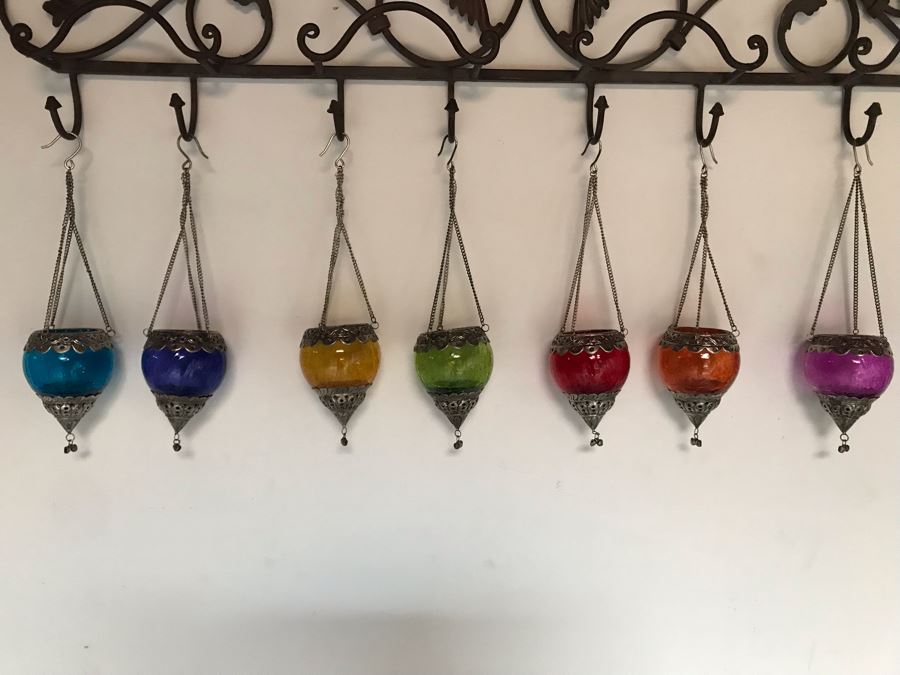 Seven Hanging Colored Glass Candle Votives With Metal Embellishments [Photo 6]