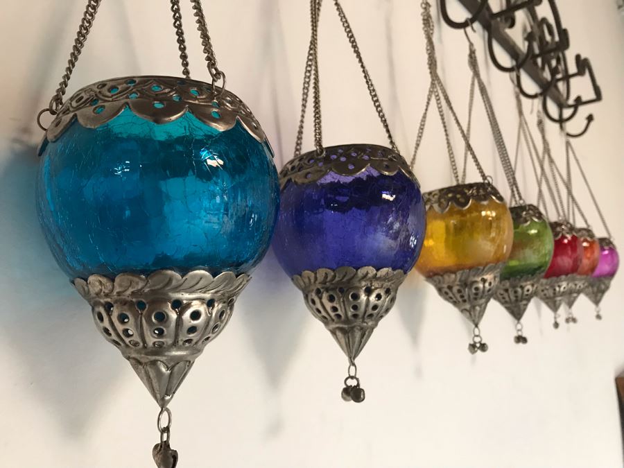 Seven Hanging Colored Glass Candle Votives With Metal Embellishments [Photo 9]