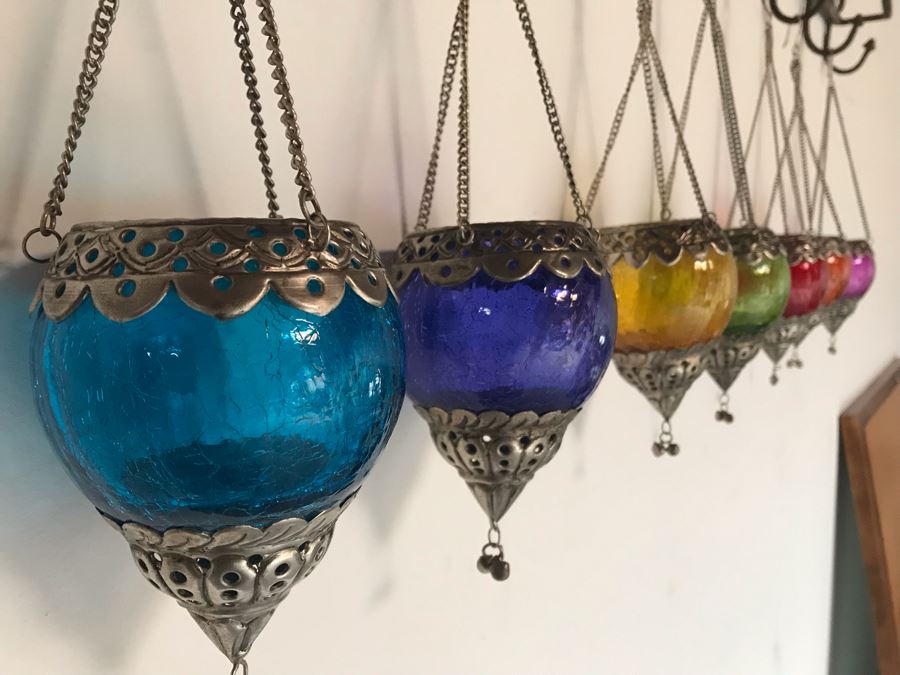 Seven Hanging Colored Glass Candle Votives With Metal Embellishments [Photo 10]