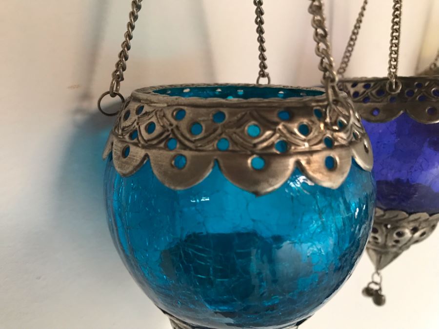 Seven Hanging Colored Glass Candle Votives With Metal Embellishments [Photo 12]