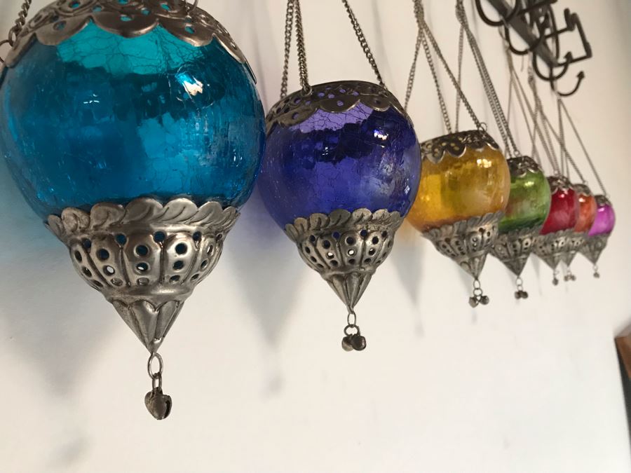 Seven Hanging Colored Glass Candle Votives With Metal Embellishments [Photo 8]