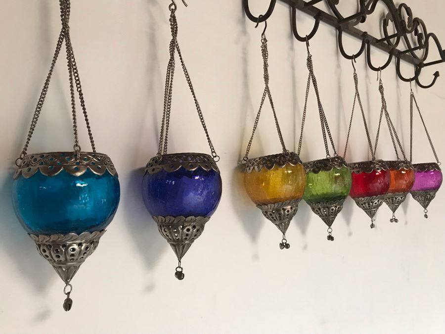 Seven Hanging Colored Glass Candle Votives With Metal Embellishments [Photo 2]