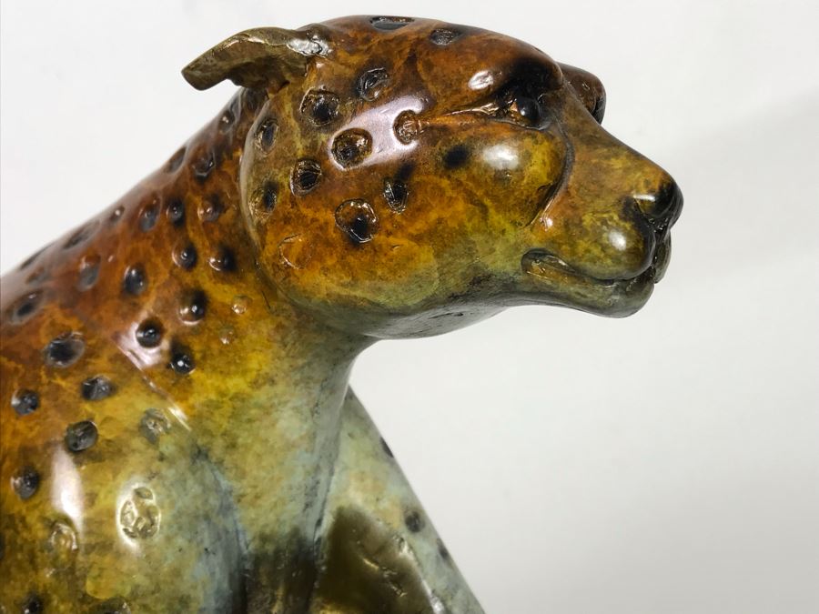 Large Bronze Metal Sculpture With Color Patina On Marble Base Of Cheetah Signed A. Jacobs 31W X 8D X 18H [Photo 12]