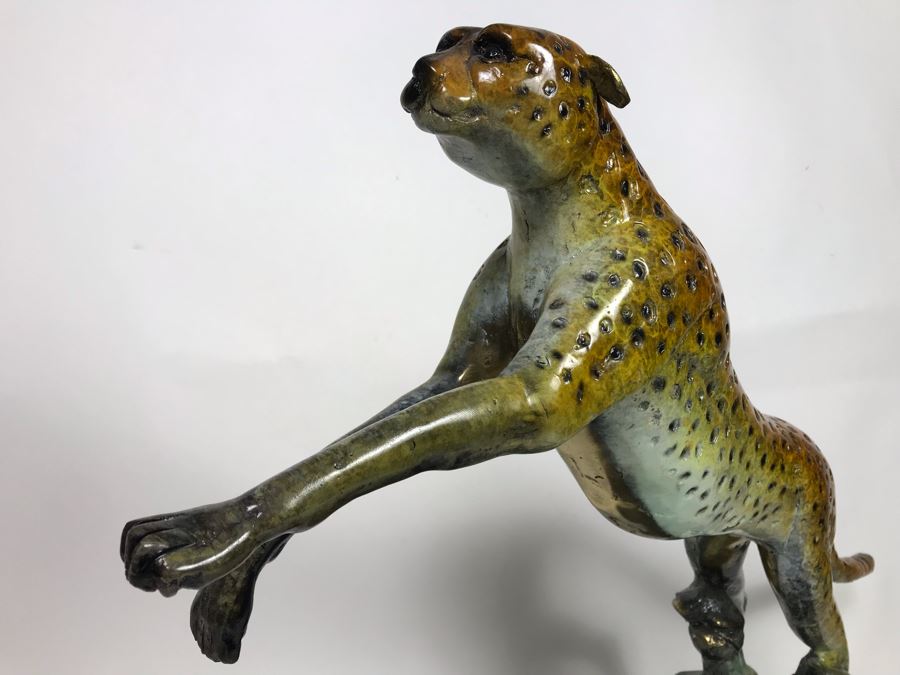 Large Bronze Metal Sculpture With Color Patina On Marble Base Of Cheetah Signed A. Jacobs 31W X 8D X 18H [Photo 6]