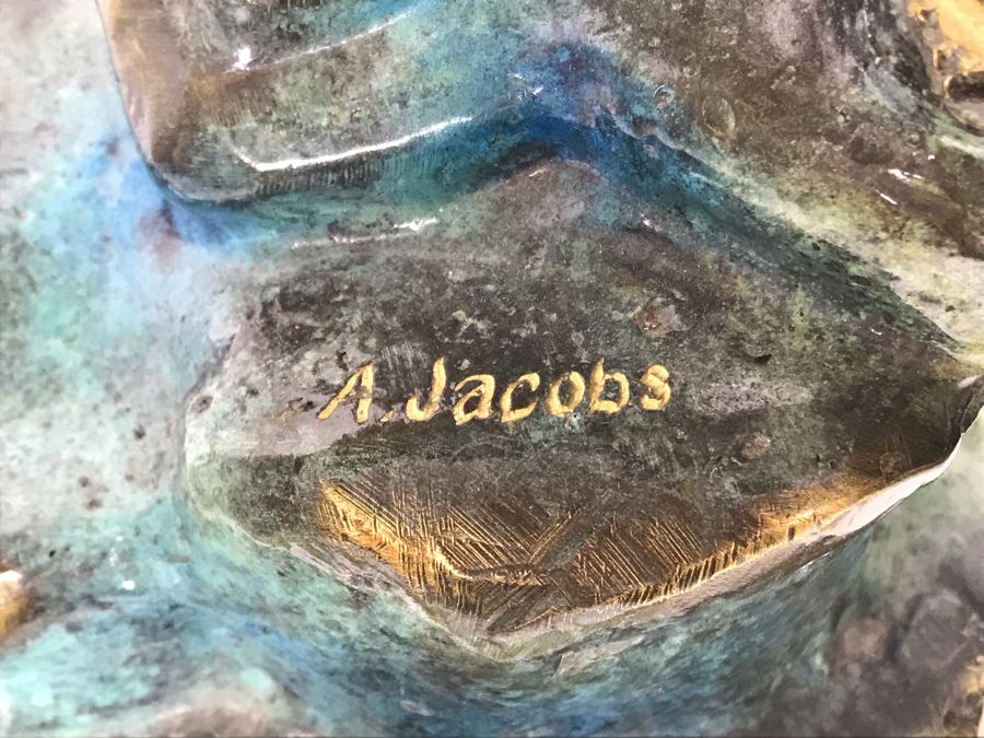 Large Bronze Metal Sculpture With Color Patina On Marble Base Of Cheetah Signed A. Jacobs 31W X 8D X 18H [Photo 3]