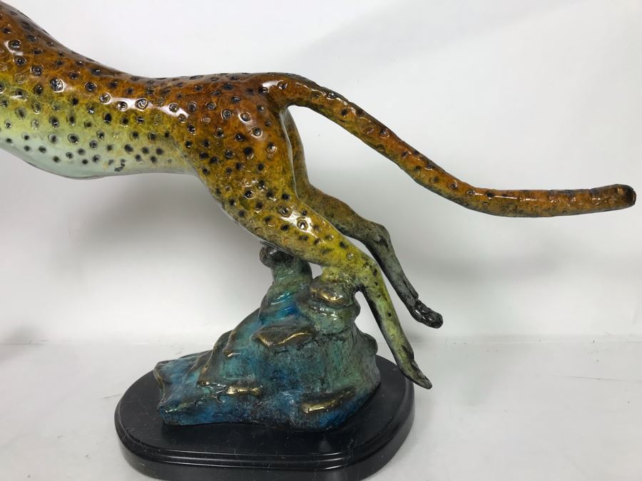 Large Bronze Metal Sculpture With Color Patina On Marble Base Of Cheetah Signed A. Jacobs 31W X 8D X 18H [Photo 4]