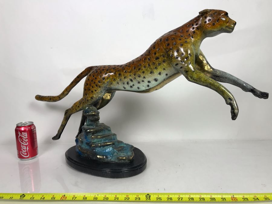 Large Bronze Metal Sculpture With Color Patina On Marble Base Of Cheetah Signed A. Jacobs 31W X 8D X 18H [Photo 9]