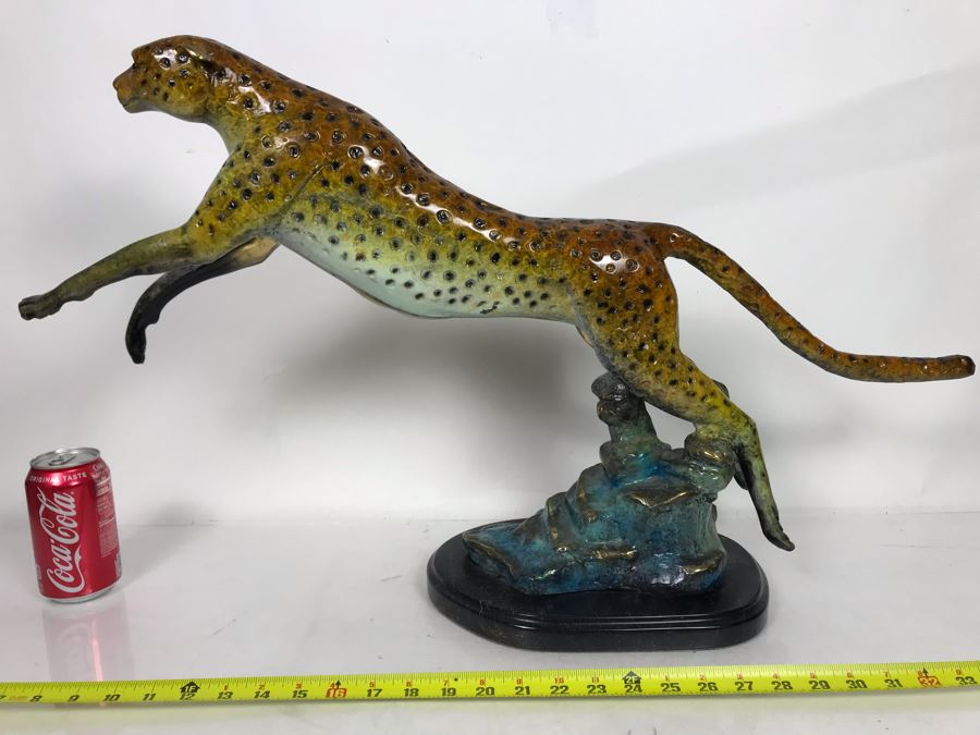Large Bronze Metal Sculpture With Color Patina On Marble Base Of Cheetah Signed A. Jacobs 31W X 8D X 18H [Photo 17]
