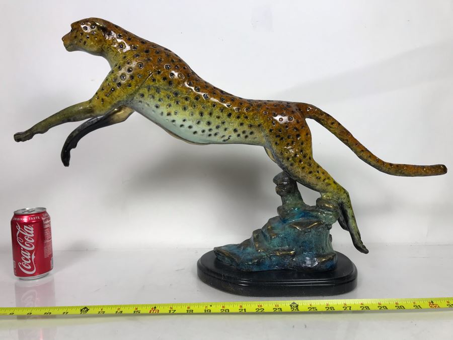 Large Bronze Metal Sculpture With Color Patina On Marble Base Of Cheetah Signed A. Jacobs 31W X 8D X 18H
