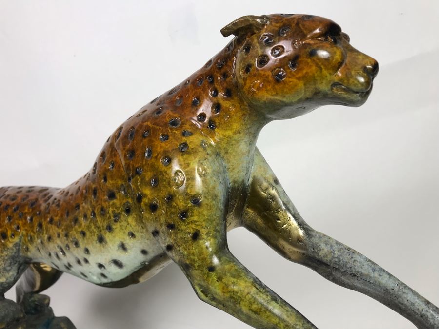 Large Bronze Metal Sculpture With Color Patina On Marble Base Of Cheetah Signed A. Jacobs 31W X 8D X 18H [Photo 11]