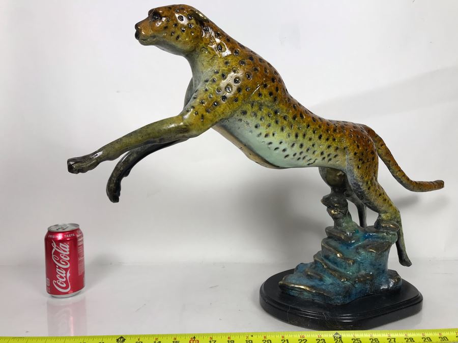 Large Bronze Metal Sculpture With Color Patina On Marble Base Of Cheetah Signed A. Jacobs 31W X 8D X 18H [Photo 5]
