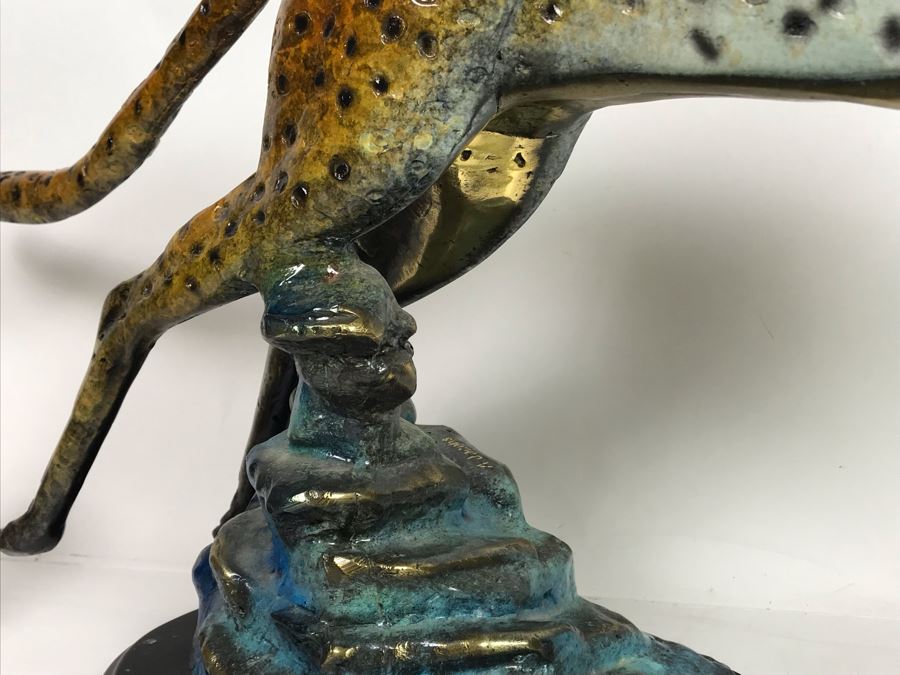 Large Bronze Metal Sculpture With Color Patina On Marble Base Of Cheetah Signed A. Jacobs 31W X 8D X 18H [Photo 14]