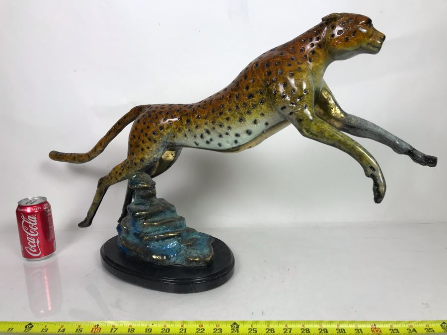 Large Bronze Metal Sculpture With Color Patina On Marble Base Of Cheetah Signed A. Jacobs 31W X 8D X 18H [Photo 10]