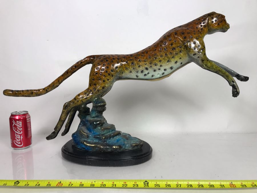 Large Bronze Metal Sculpture With Color Patina On Marble Base Of Cheetah Signed A. Jacobs 31W X 8D X 18H [Photo 16]