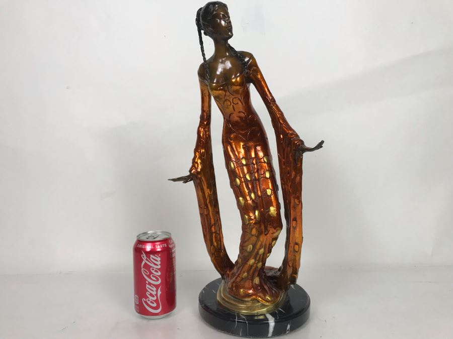 Large Bronze Metal Sculpture With Color Patina Of Woman On Marble Base Unsigned 9W X 18H [Photo 1]