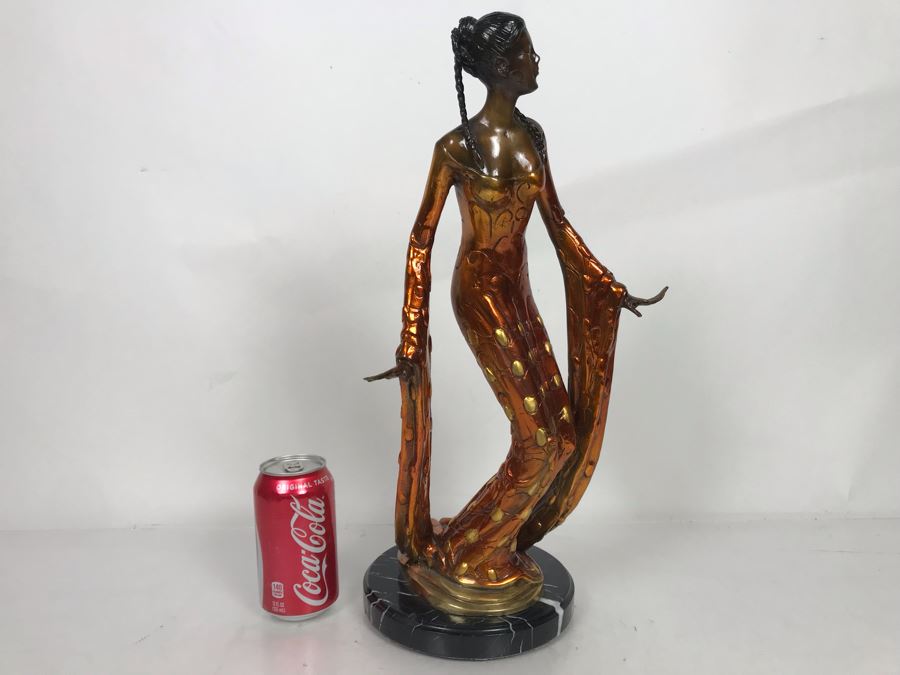 Large Bronze Metal Sculpture With Color Patina Of Woman On Marble Base Unsigned 9W X 18H [Photo 6]