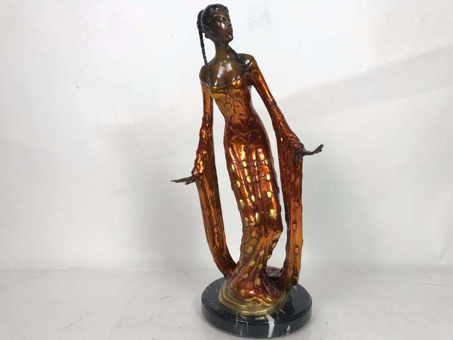 Large Bronze Metal Sculpture With Color Patina Of Woman On Marble Base Unsigned 9W X 18H [Photo 3]