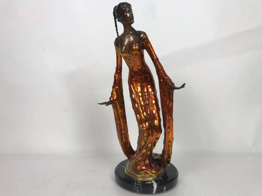 Large Bronze Metal Sculpture With Color Patina Of Woman On Marble Base Unsigned 9W X 18H [Photo 2]