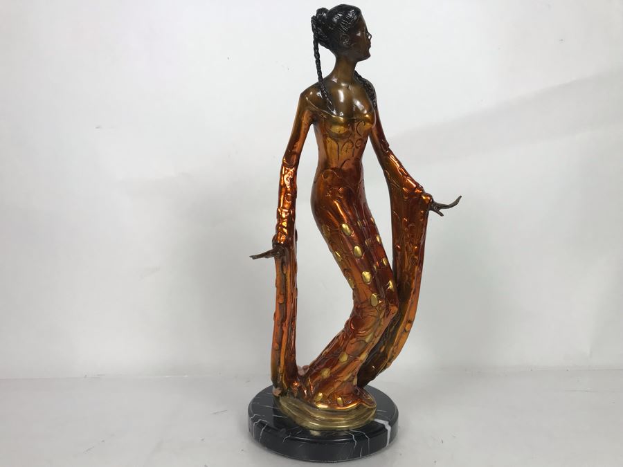 Large Bronze Metal Sculpture With Color Patina Of Woman On Marble Base Unsigned 9W X 18H [Photo 5]