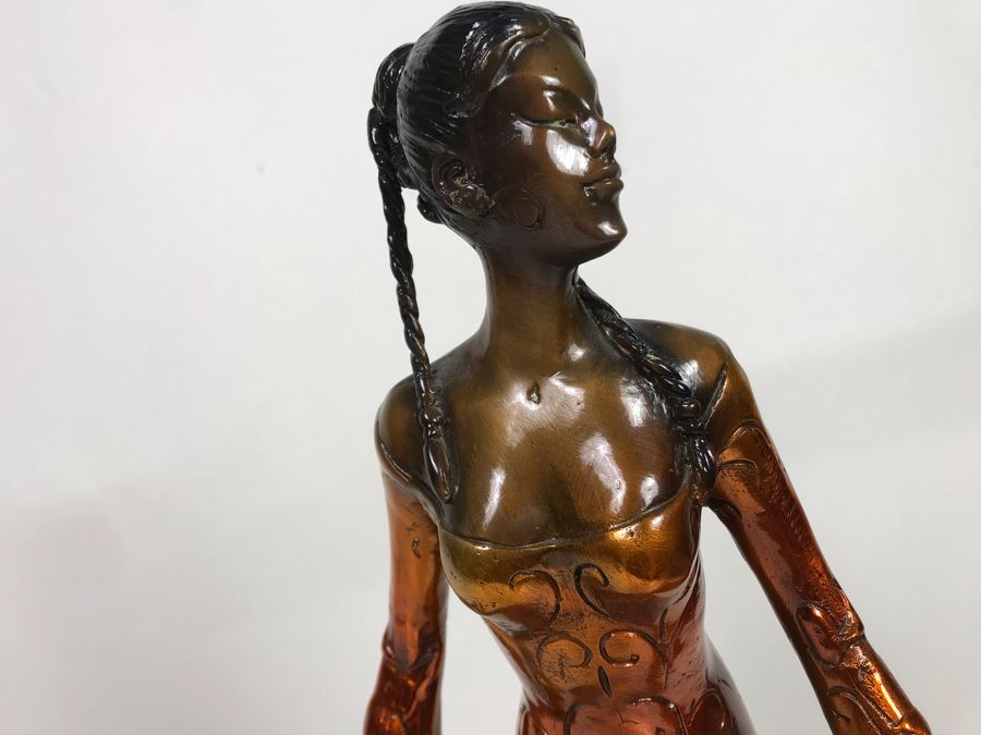 Large Bronze Metal Sculpture With Color Patina Of Woman On Marble Base Unsigned 9W X 18H [Photo 4]