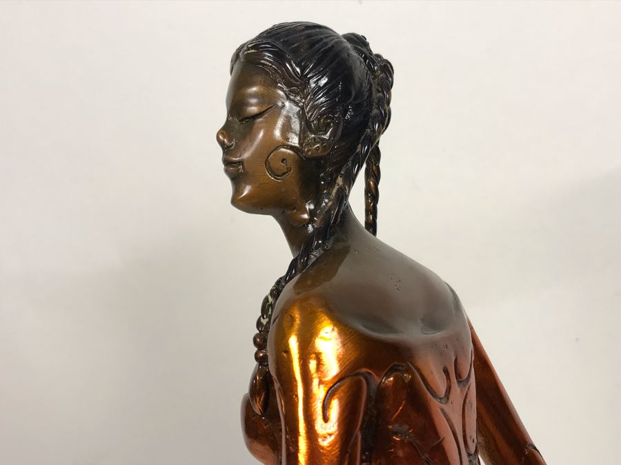 Large Bronze Metal Sculpture With Color Patina Of Woman On Marble Base Unsigned 9W X 18H [Photo 9]
