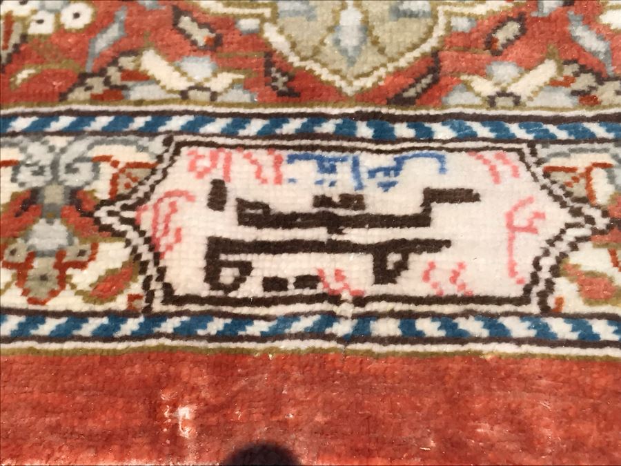 SIGNED Fine Silk Persian Area Rug 3'2.5' X 5' Qom Design From Iran (Has Sleeve On Back To Display On Wall) Apx. 780 knots / sq. in. With Certificate Of Authenticity [Photo 8]
