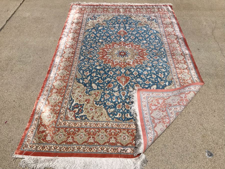 SIGNED Fine Silk Persian Area Rug 3'2.5' X 5' Qom Design From Iran (Has Sleeve On Back To Display On Wall) Apx. 780 knots / sq. in. With Certificate Of Authenticity [Photo 12]
