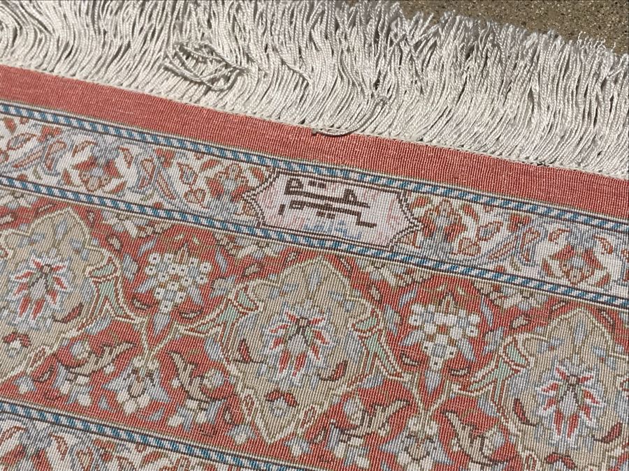 SIGNED Fine Silk Persian Area Rug 3'2.5' X 5' Qom Design From Iran (Has Sleeve On Back To Display On Wall) Apx. 780 knots / sq. in. With Certificate Of Authenticity [Photo 18]