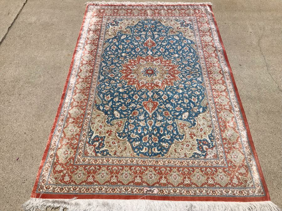 SIGNED Fine Silk Persian Area Rug 3'2.5' X 5' Qom Design From Iran (Has Sleeve On Back To Display On Wall) Apx. 780 knots / sq. in. With Certificate Of Authenticity [Photo 5]