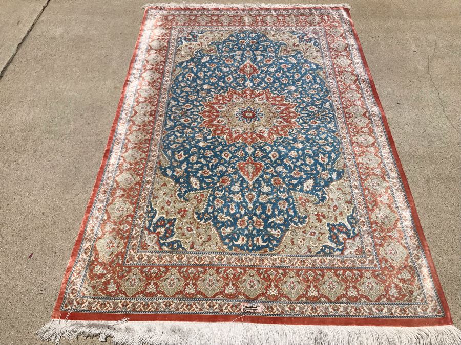 SIGNED Fine Silk Persian Area Rug 3'2.5' X 5' Qom Design From Iran (Has Sleeve On Back To Display On Wall) Apx. 780 knots / sq. in. With Certificate Of Authenticity [Photo 1]