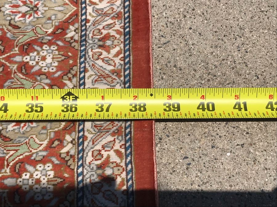 SIGNED Fine Silk Persian Area Rug 3'2.5' X 5' Qom Design From Iran (Has Sleeve On Back To Display On Wall) Apx. 780 knots / sq. in. With Certificate Of Authenticity [Photo 15]