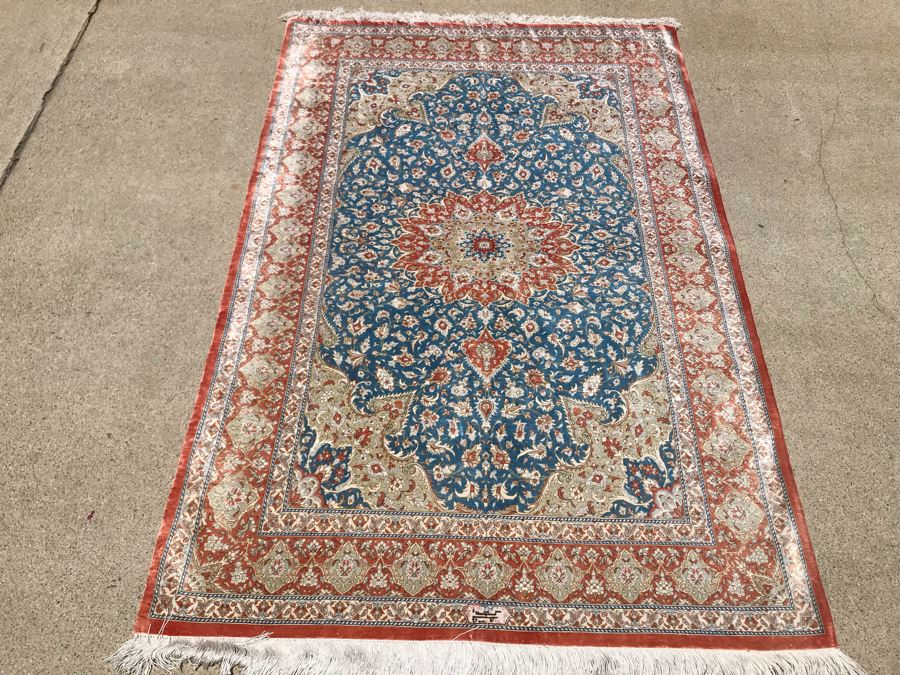 SIGNED Fine Silk Persian Area Rug 3'2.5' X 5' Qom Design From Iran (Has Sleeve On Back To Display On Wall) Apx. 780 knots / sq. in. With Certificate Of Authenticity [Photo 6]