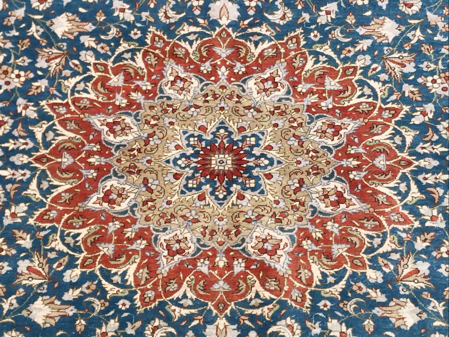 SIGNED Fine Silk Persian Area Rug 3'2.5' X 5' Qom Design From Iran (Has Sleeve On Back To Display On Wall) Apx. 780 knots / sq. in. With Certificate Of Authenticity [Photo 4]