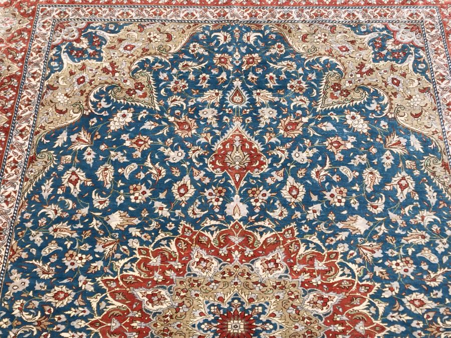 SIGNED Fine Silk Persian Area Rug 3'2.5' X 5' Qom Design From Iran (Has Sleeve On Back To Display On Wall) Apx. 780 knots / sq. in. With Certificate Of Authenticity [Photo 2]