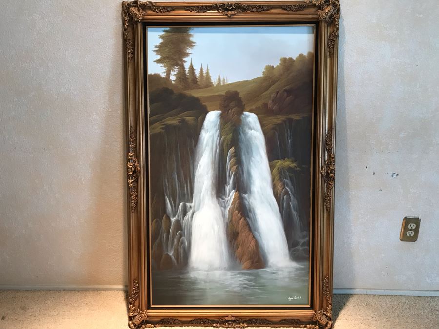 Original Signed Oil Painting Of Waterfall By Jorge Prieto B