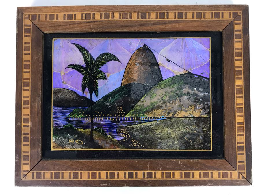Vintage Rio De Janeiro Brazil Butterfly Wing Artwork In Wooden Inlay Frame 8.5 X 7
