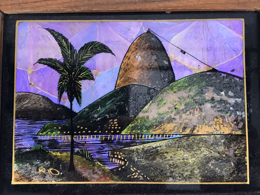 Vintage Rio De Janeiro Brazil Butterfly Wing Artwork In Wooden Inlay Frame 8.5 X 7 [Photo 2]