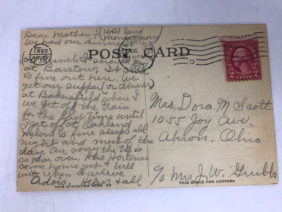 Vintage Postmarked 1927 Santa Fe Hotel Railroad Barstow, CA Postcard [Photo 2]