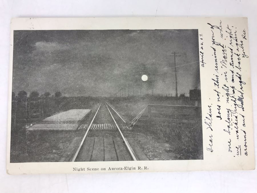 Antique Postmarked 1907 Night Scene On Aurora-Elgin R. R. Railroad Postcard [Photo 1]