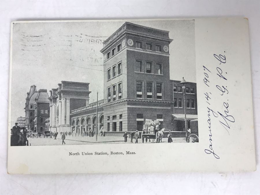 Antique Postmarked 1907 North Union Station, Boston Mass. Railroad Postcard