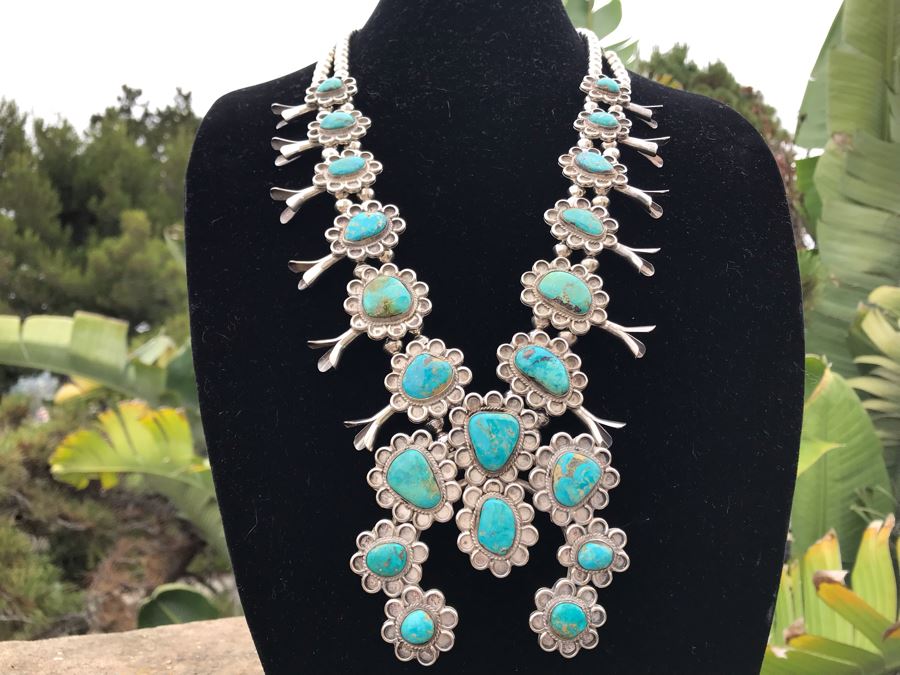 Stunning Sterling Silver Turquoise Native American Squash Blossom Necklace 260g [Photo 4]